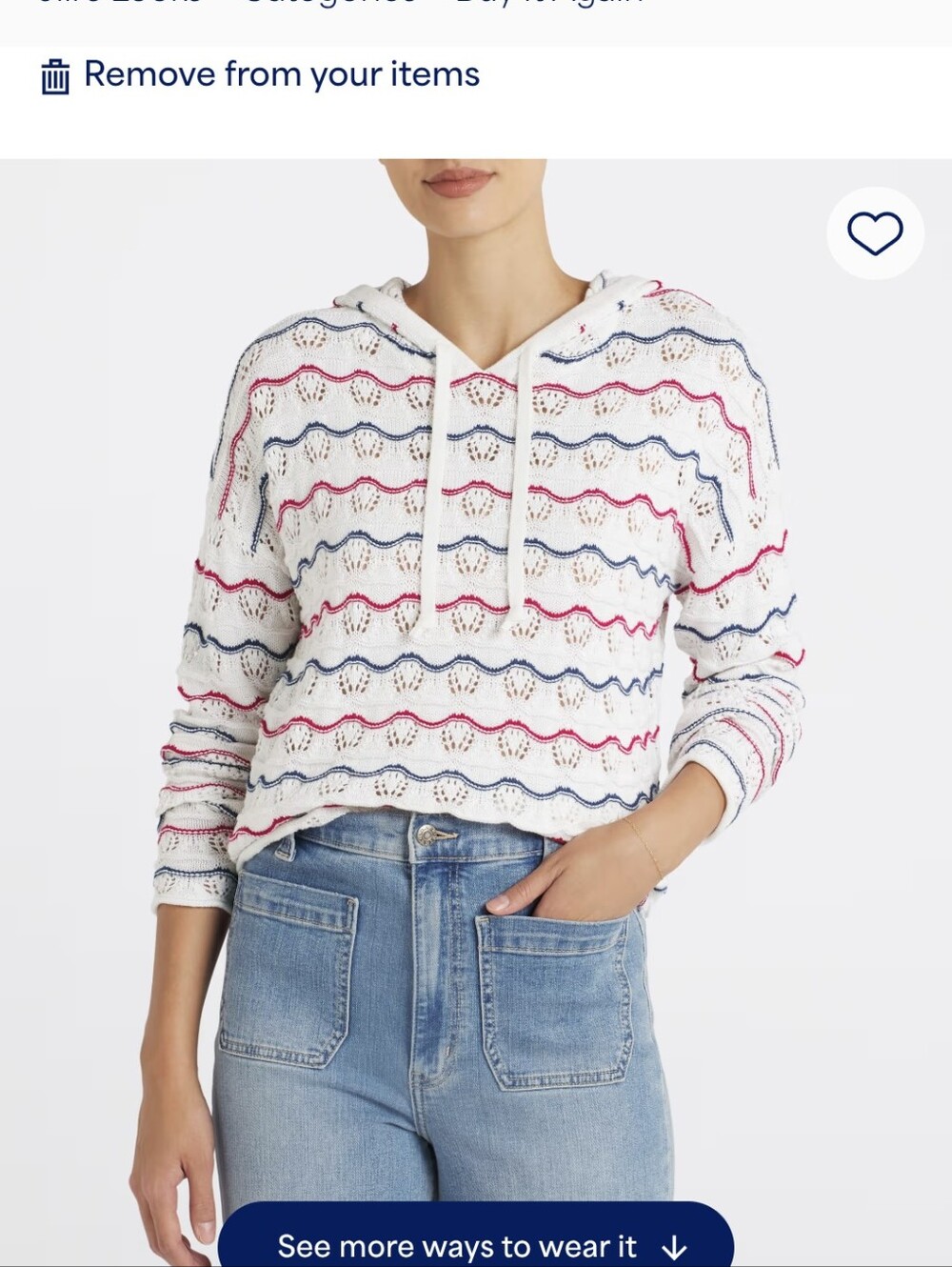 Women's White Hooded Crochet Stripe Sweater - Blue & Pink